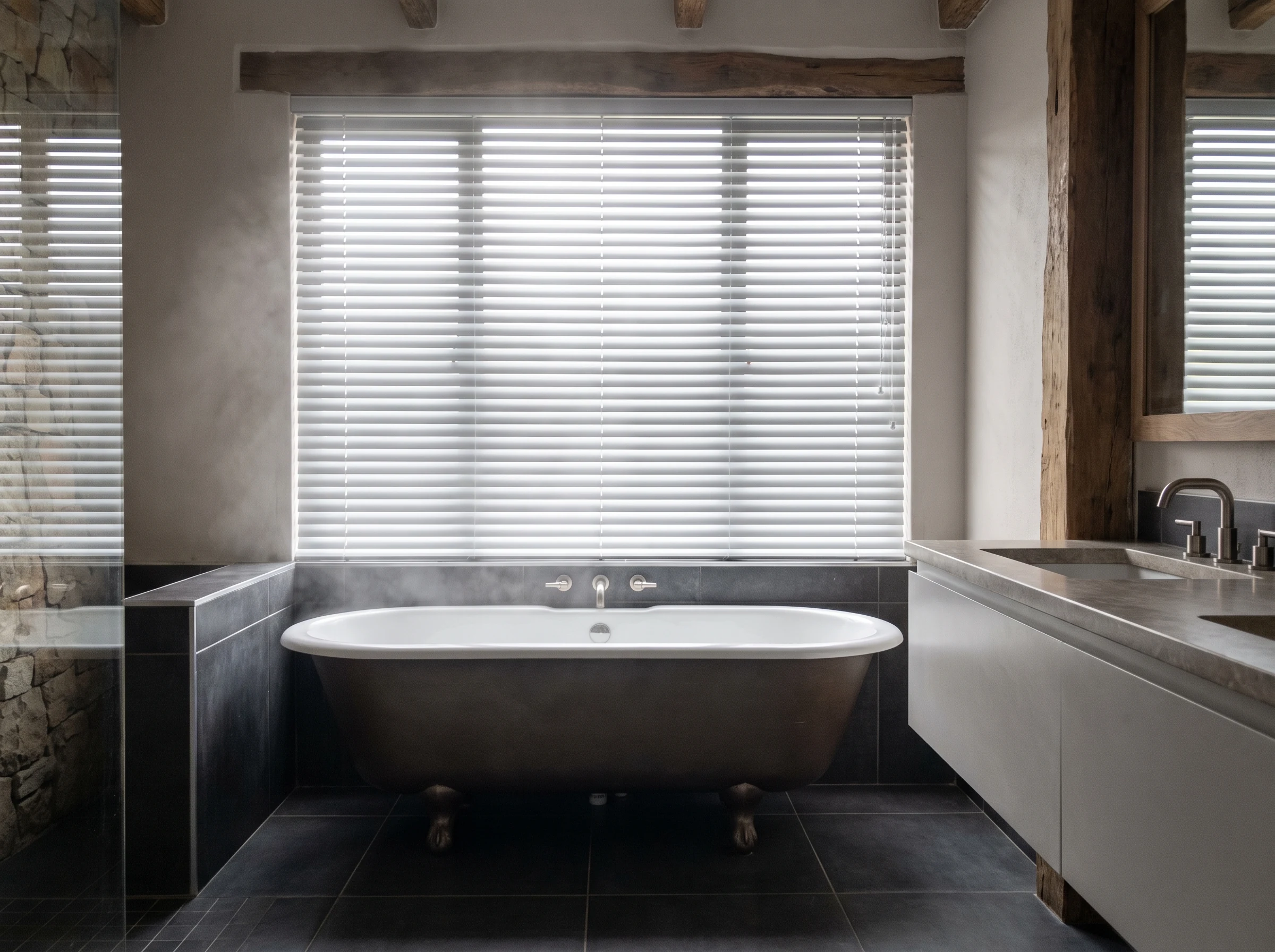Aluminium venetian blind with tilted slats over a bath window in a farmhouse bathroom near Klapmuts