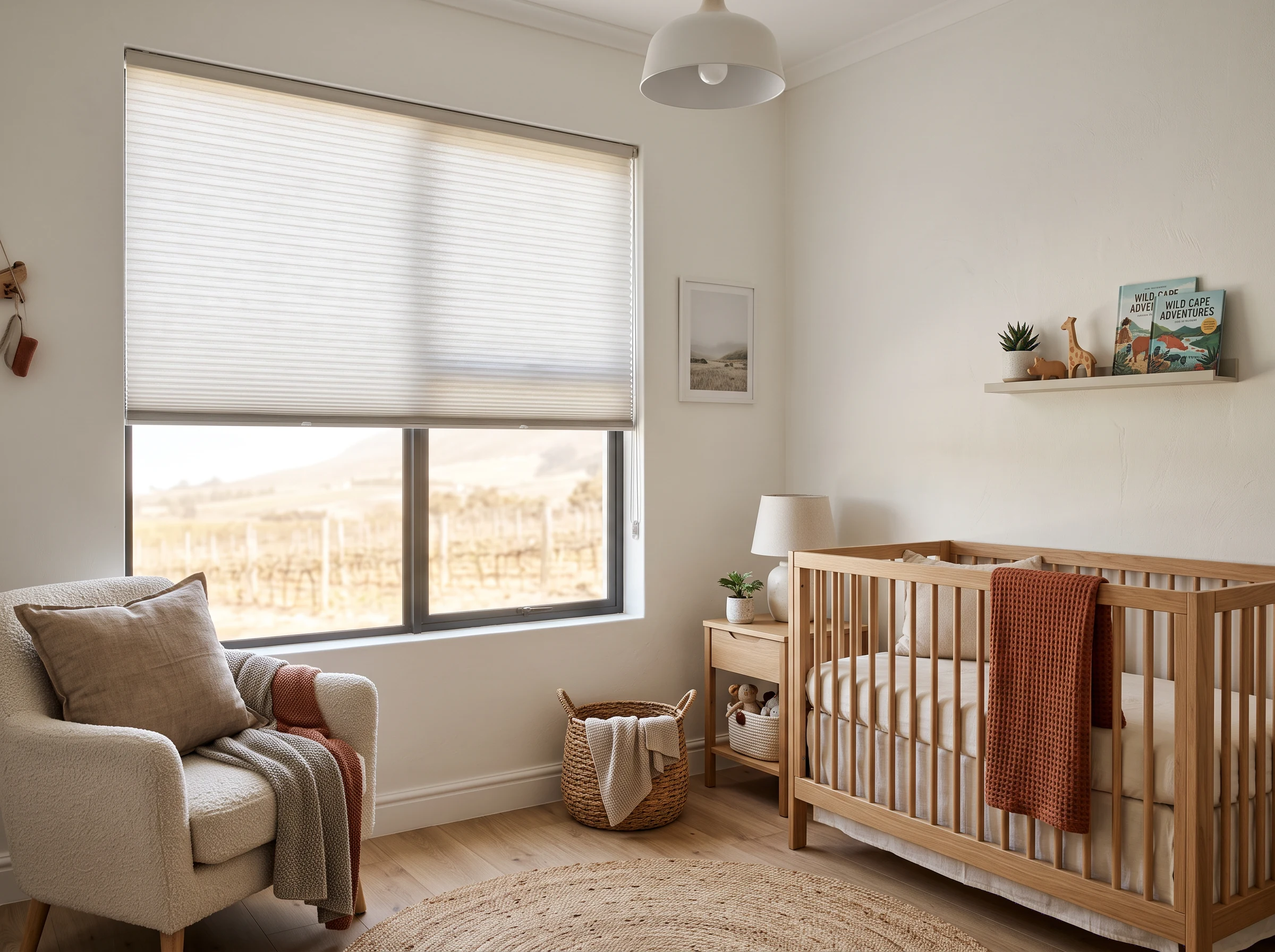 Cellular honeycomb blind insulating a nursery window in a new estate home near Klapmuts