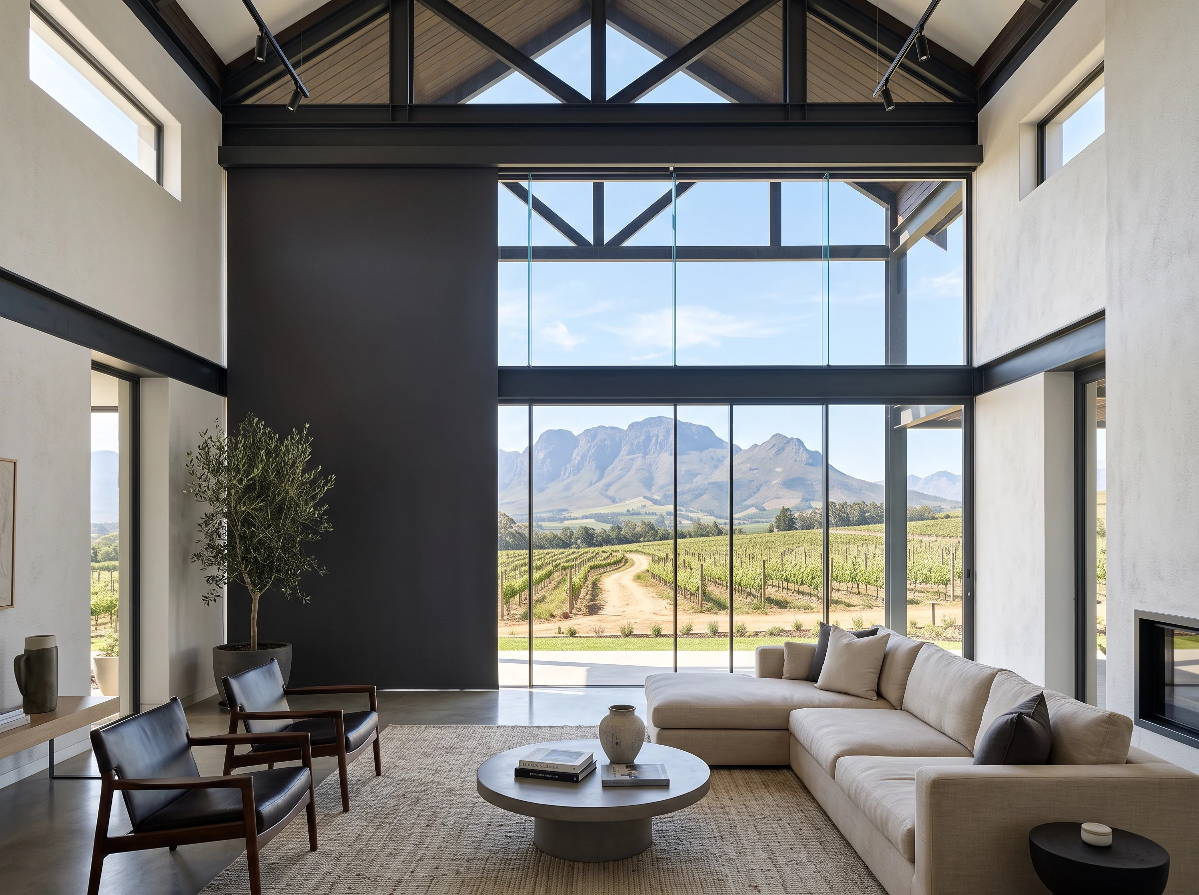 Concealed ceiling-recessed blind dropping in front of a frameless glass wall in a new-build estate lounge near Klapmuts, vineyard and mountain view beyond
