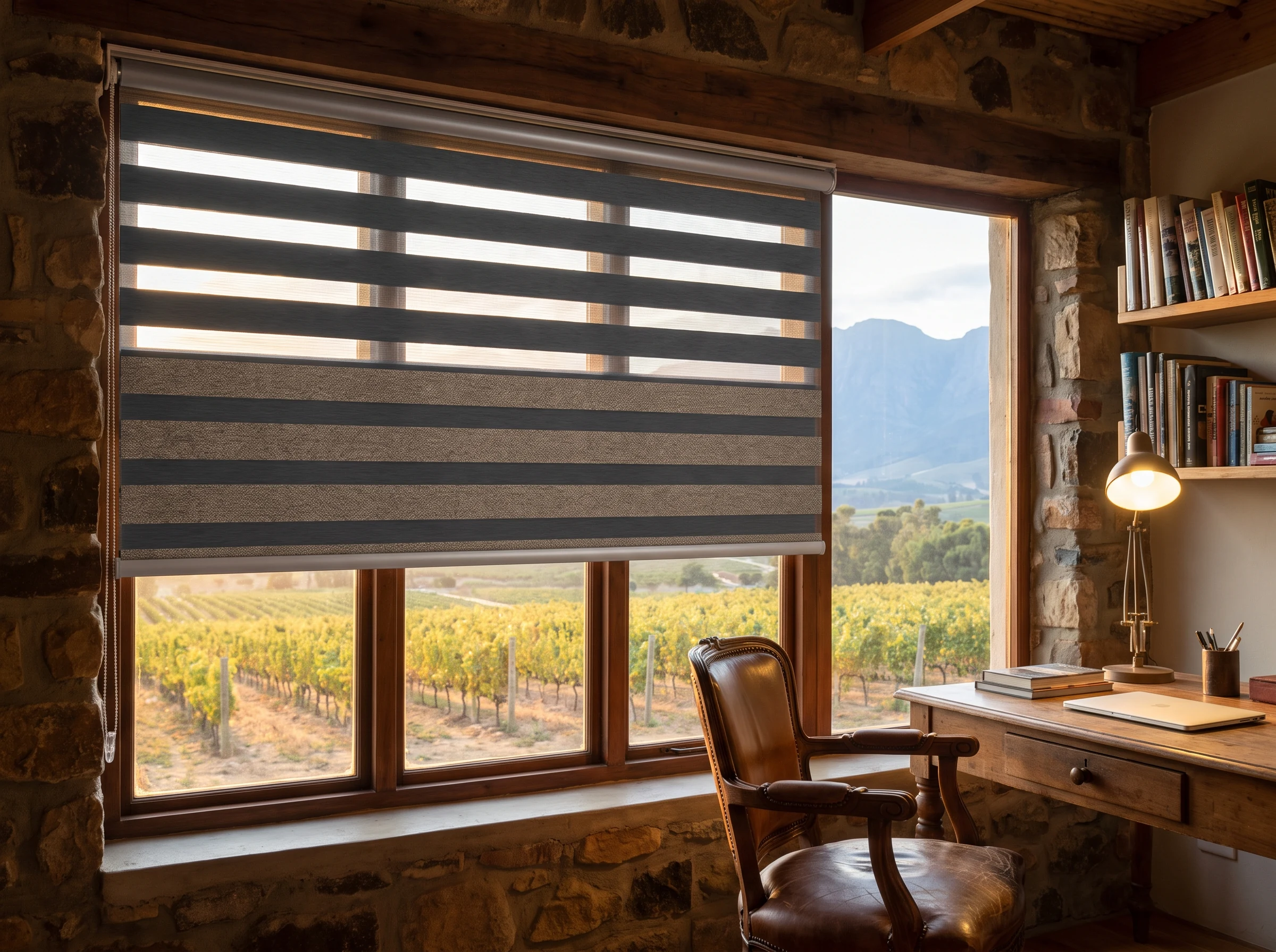 Day and night zebra blind filtering light into a home study near Klapmuts, vineyard rows and mountains visible through the window