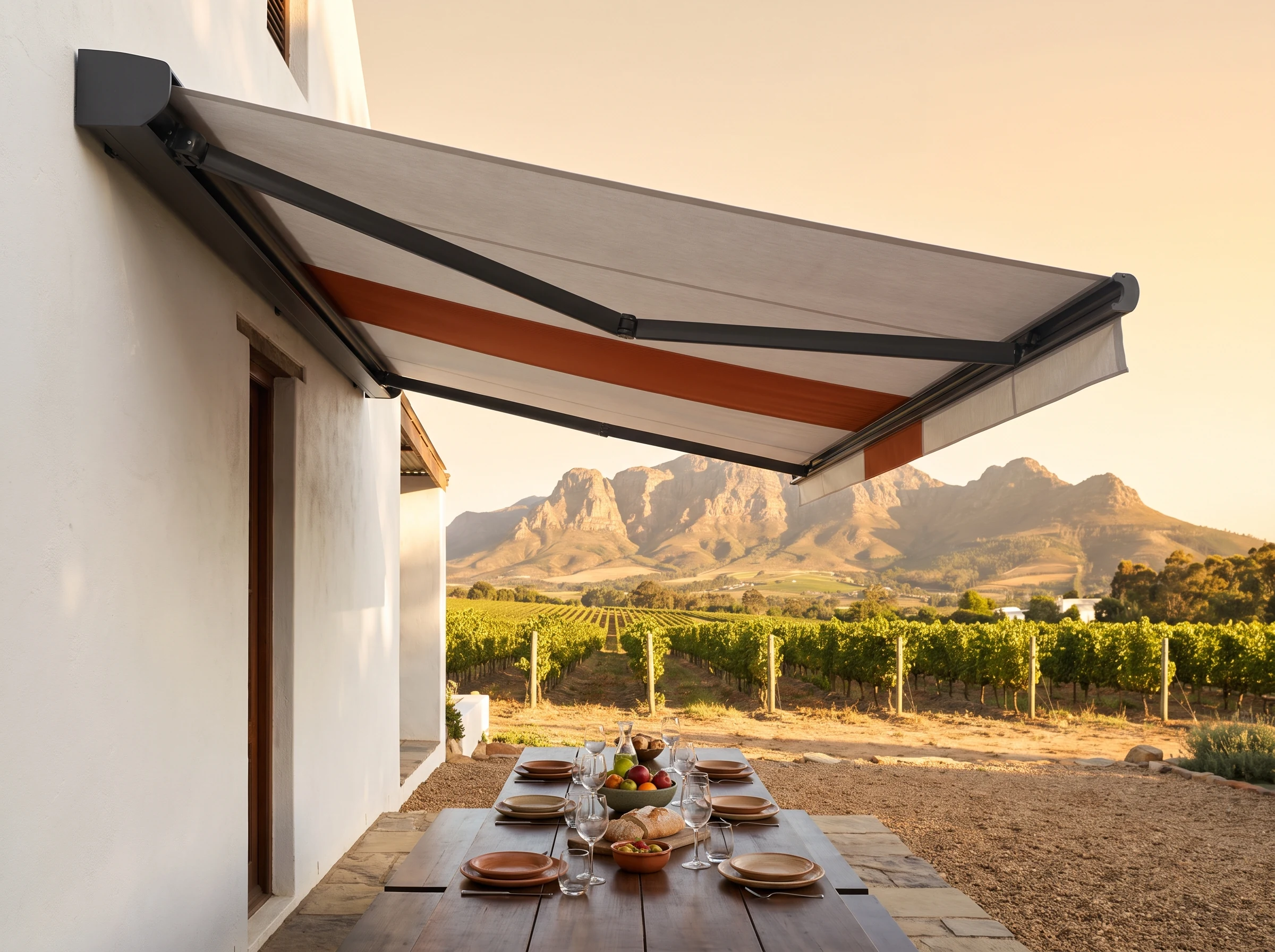 Folding-arm awning fully extended over a long harvest table on a vineyard-facing terrace near Klapmuts, mountain backdrop, golden light