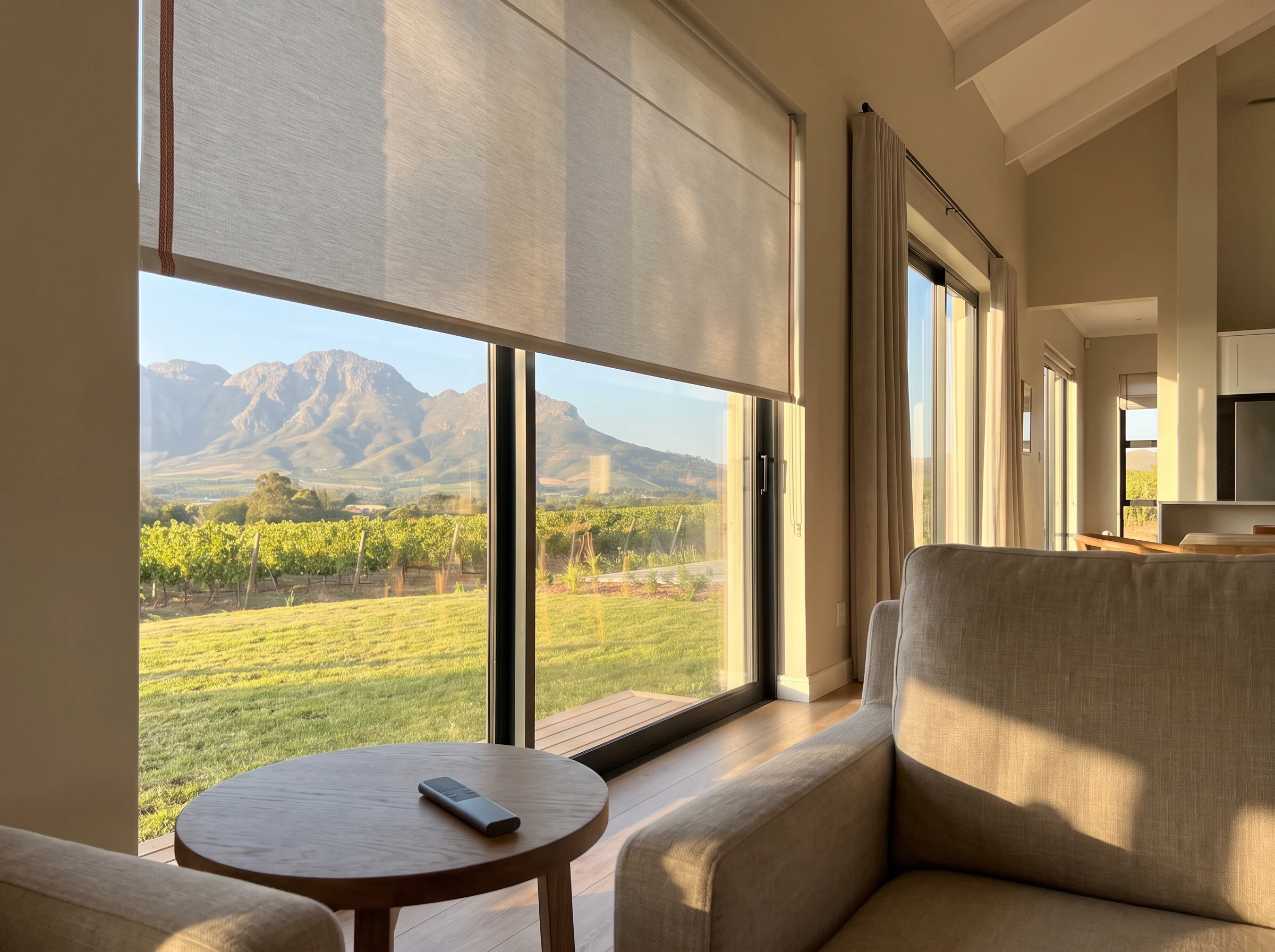 Motorised roller blind lowering with a remote control on a side table in a modern estate-home living room near Klapmuts