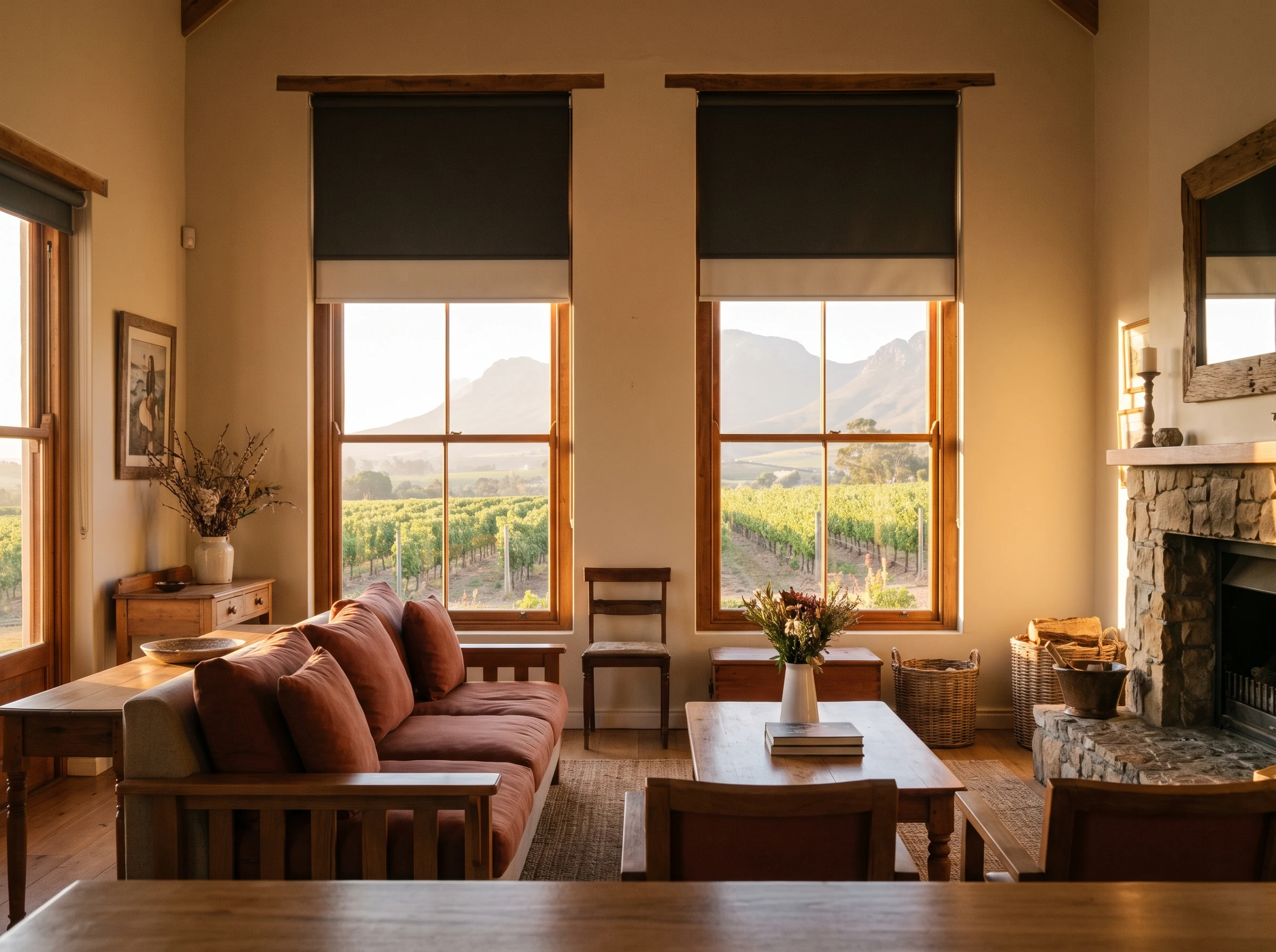 Double roller blind setup, blockout layered behind sunscreen, over two tall windows in a Klapmuts farmhouse living room with vineyard rows visible outside