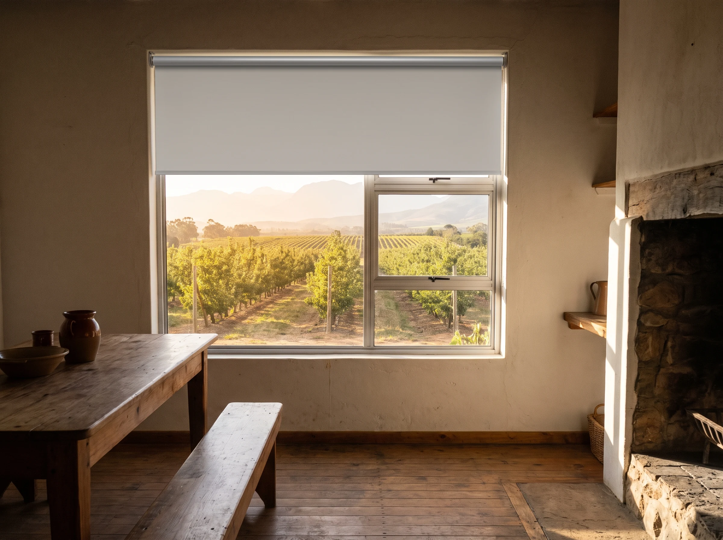 Plain blockout roller blind lowered halfway over a window in an orchard and vineyard smallholding cottage near Simondium