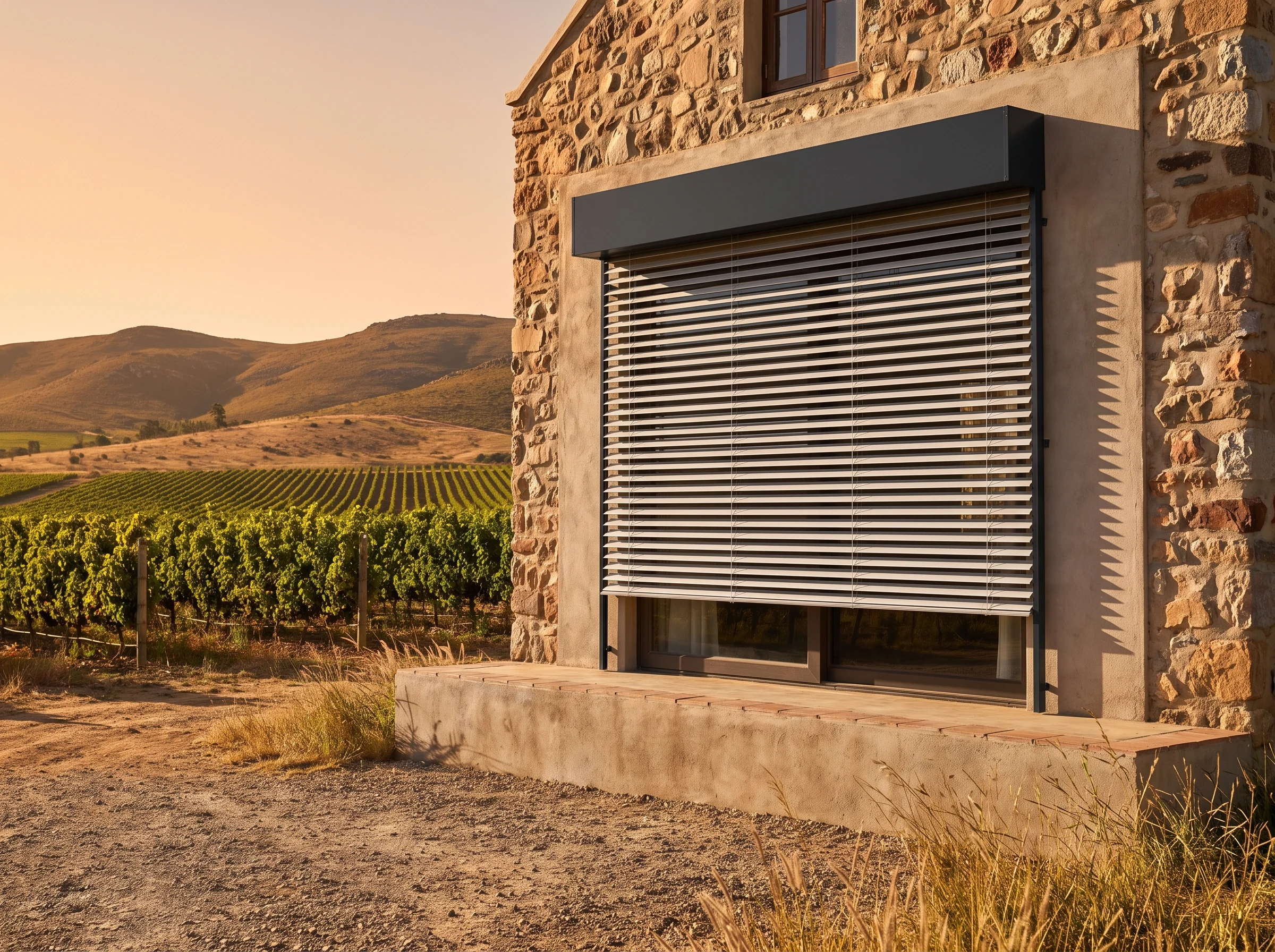 External roller shutter with rigid aluminium slats partially lowered over a farmhouse window near Klapmuts for shade, vineyard rows in the background